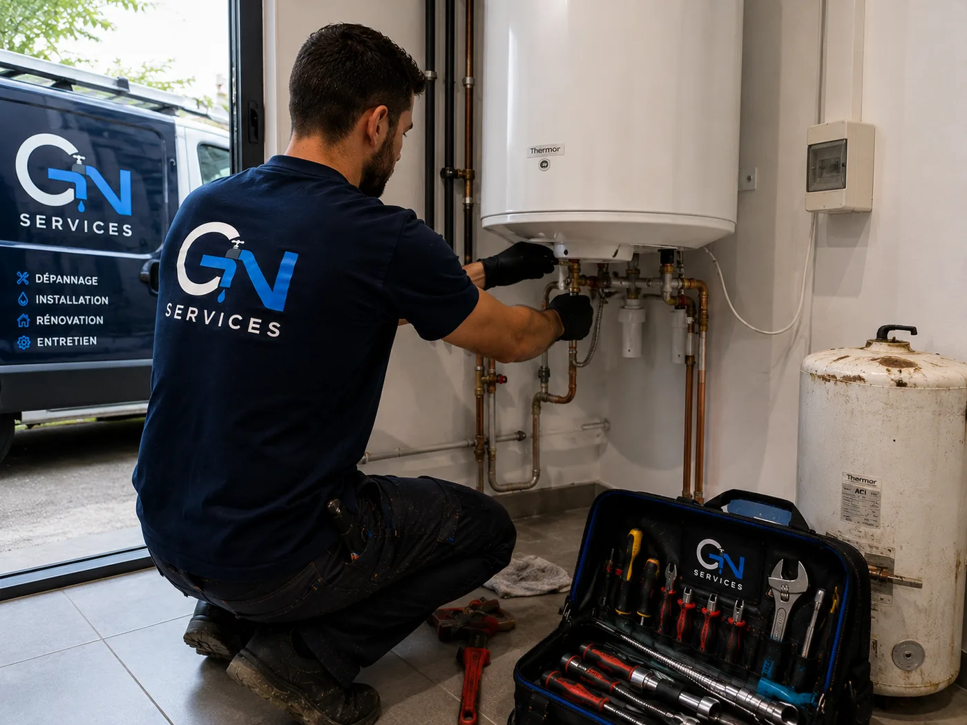 Plombier GN Services remplaçant un chauffe-eau électrique dans un garage