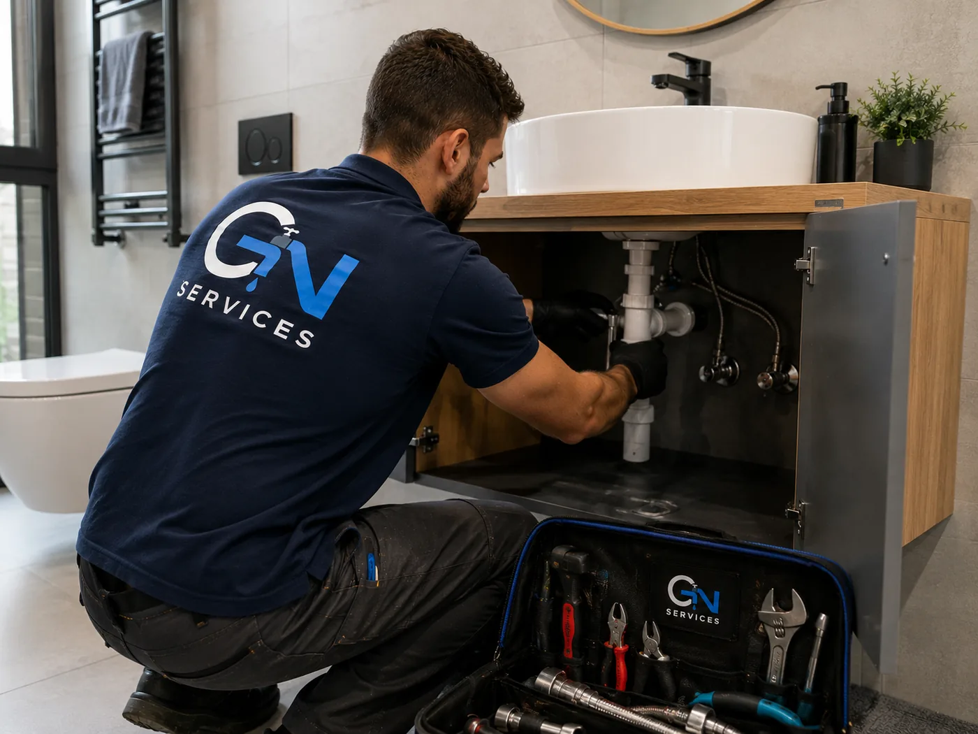 Plombier GN Services intervenant sur le siphon sous un meuble vasque