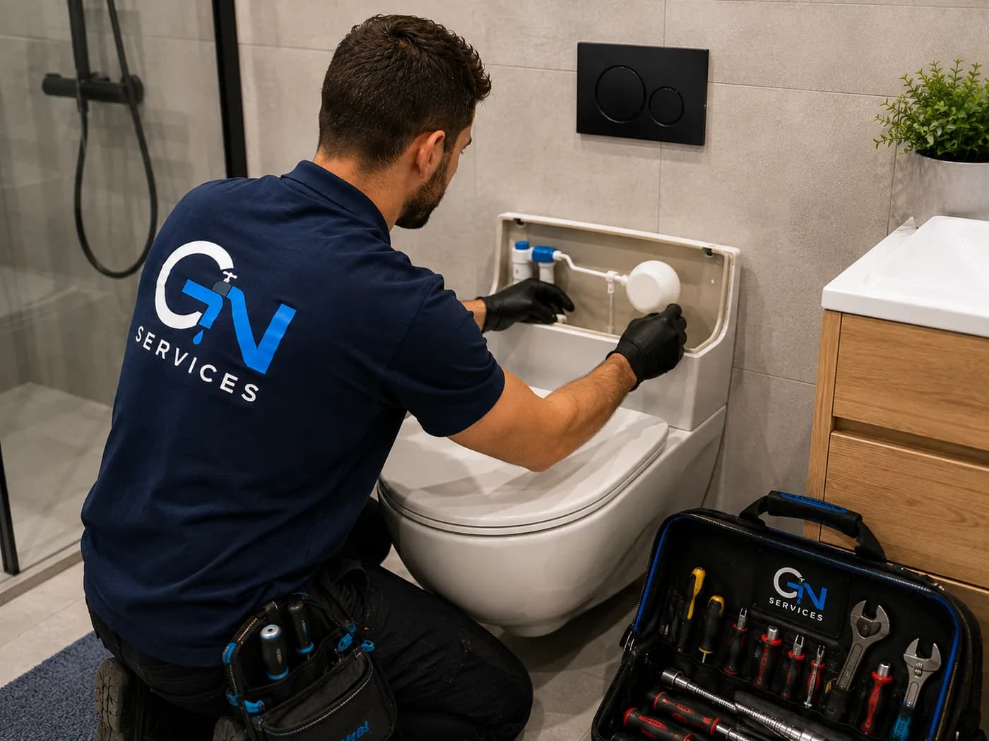 Plombier GN Services réparant le mécanisme de chasse d'un WC suspendu dans une salle de bain